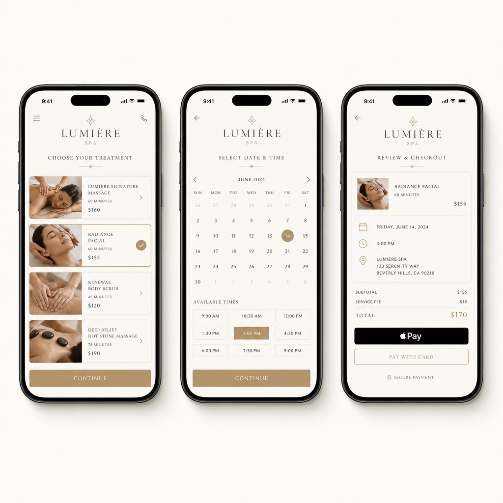 Mobile Treatment Booking Flow on iPhone 16